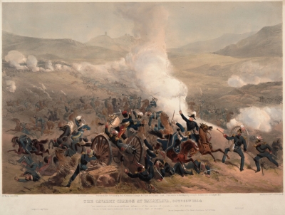 Кавалерийская атака в Балаклаве, 25 октября 1854 г., Э. Морин  Внизу надпись «Проявление самой блестящей доблести…. излишней смелости ... и смелости, которая отражала бы честь в лучшие рыцарские дни»  Специальный корреспондент «Таймс», Балаклава, 25 октября 1854 г.