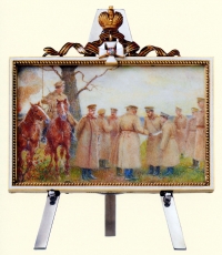 Миниатюра на мольберте из пасxального яйца «Стальное» со знаком ордена Св. Георгия IV степени. Санкт-Петербург, фирма «К. Фаберже», 1916.