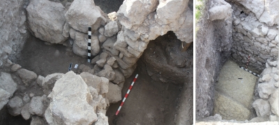 Слева: вход в помещение, вырубленное в скале. Справа: каменная стена жилого помещения.