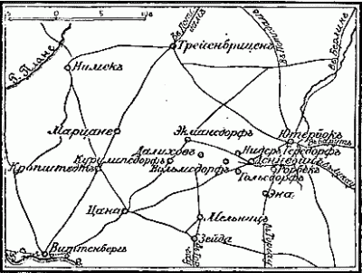 Сражение при селении Денневице 25 августа 1813 г. между войсками армий Бернадотта и Нея. Схема.