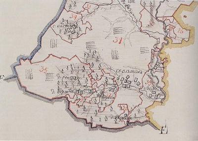 План Золочевского уезда Харьковского наместничества с изображением местечка Ольшана. 12 сентября 1790 г. Фрагмент. РГВИА.