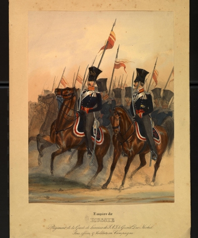 Обер-офицер и рядовой Л.-гв. Уланского полка в походной форме. Монтен, Дитрих. 1799-1843. Россия, 1830-1835 гг. Бумага, цветная литография, лак. 26,5х20,3 см. ГЭ