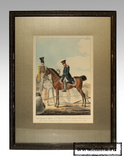 Обер-офицер и трубач лейб-гвардии Уланского Его Императорского Высочества Михаила Павловича полка. Россия, XIX в. (?). Бумага, цветная литография. Рама: 61х49 см; лист: 39х28 см (в свету). ГЭ.