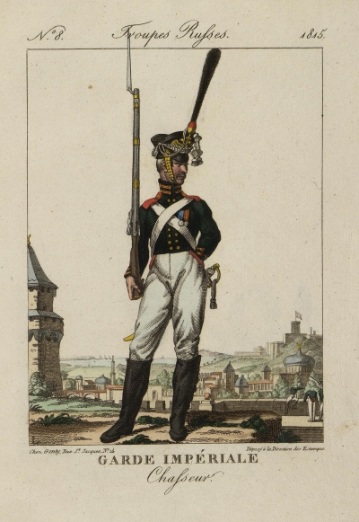 Егерь Императорской гвардии.  Автор рисунка: Мартине, Пьер. 1781-1815 (?). Неизвестный гравер, перв. четв. XIX в. Франция, Париж, 1815 г. Издательство