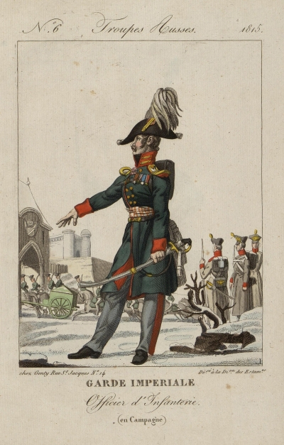 Пехотный офицер Императорской гвардии в походной форме. Автор рисунка: Мартине, Пьер. 1781-1815 (?). Неизвестный гравер, перв. четв. XIX в. Франция, Париж, 1815 г. Издательство