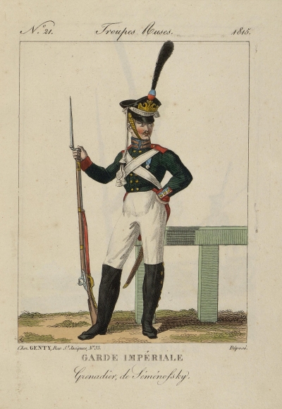 Гренадер лейб-гвардии Семеновского полка. Автор рисунка: Мартине, Пьер. 1781-1815 (?). Неизвестный гравер, перв. четв. XIX в. Франция, Париж, 1815 г. Издательство