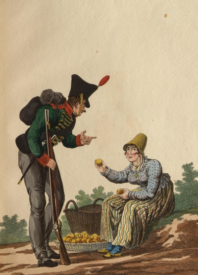 Российский Императорский солдат и продавщица яблок. Автор рисунка: Мартине, Пьер. 1781-1815 (?). Неизвестный гравер, перв. четв. XIX в. Франция, Париж, 1815 г. Издательство