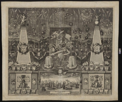 Фейерверк в честь победы при Гренгаме. XVIII в. Бумага, гравюра, 54х63,8. ГИМ.