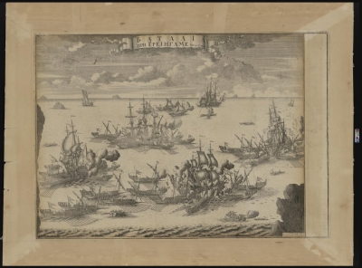 Баталия при Гренгаме. Зубов А.Ф. Доска 1721 г. оттиск XVIII в. Бумага, гравюра, 68х81 см. ГИМ.