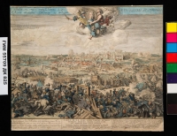 Карл XII в сражении под Нарвой 27 ноября 1700 г. Неизвестный автор. 1700-е гг. Западная Европа. Бумага, гравюра резцом, акварель, 49х60 см. ГИМ