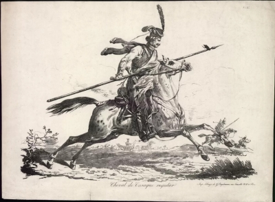 Черноморский казак. Cheval de Cosaque regulier. Энгельман Г. (Engelmann Gottfried), Верне К. (Vernet Carle), 1820 - первая пол. 1830-х гг. Западная Европа, Франция, г. Париж. Бумага, литография, 38,5х52,1 см. ГИМ