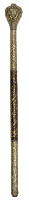 Булава. Малороссия. XVIII в. Длина общая: 62 см; длина рукояти: 39,4 см. Латунь, дерево, краска, литье, резьба, краска, позолота. ГИМ