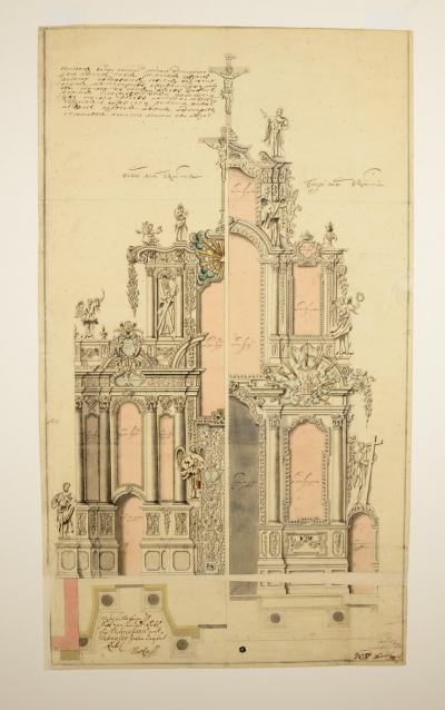 Гербель, Николай-Фридрих. 1688-1724. Проект иконостаса церкви Св. Исаакия Далматского. Россия, Санкт-Петербург, 1719-1723 гг. Бумага, перо, тушь, акварель. 79,2х44,7 cм. ГЭ