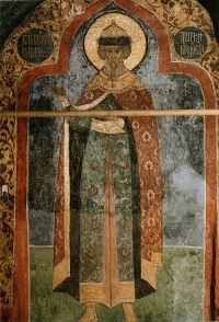 Благоверный князь Андрей Боголюбский. Архангельский собор Московского Кремля, Москва, Россия  Роспись на юго-восточном столпе, северная грань, нижний ярус.