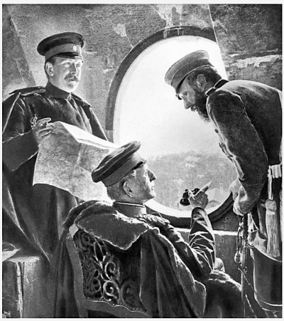 Гельмут фон Мольтке 1800–1891 со штабными офицерами: Hptm. VonBurt (слева) и подполковник (Oberstleutnant De Claer (справа)) перед Парижем.1870-71 гг. фото с картины графа Харраха