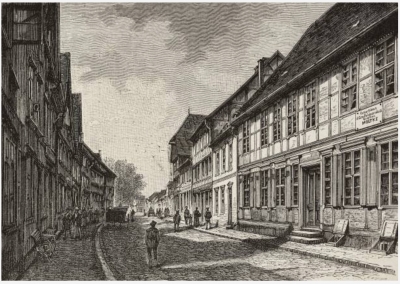 Пархим (Parchim), Германия, место рождения Гельмута Карла Бернхарда Графа фон Мольтке (1800-1891), гравюра из L'Illustrazione Italiana, год 18, № 19, 10 мая 1891 года.