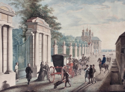 Отъезд Екатерины II из Петергофа в день дворцового переворота 28 июня 1762 года. Неизвестный художник. Россия, Санкт-Петербург, 1760-е гг. Бумага, наклеенная на картон, акварель, гуашь, 26х35,1 см. ГЭ Отъезд Екатерины II из Петергофа в день дворцового переворота 28 июня 1762 года. Неизвестный художник. Россия, Санкт-Петербург, 1760-е гг. Бумага, наклеенная на картон, акварель, гуашь, 26х35,1 см. ГЭ