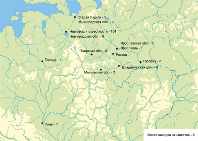 Карта Восточной Европы с отметками находок печатей Александра Ярославича