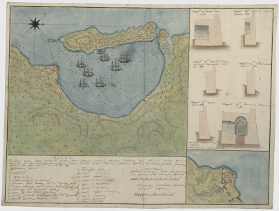 План Наваринской гавани и рейда споказанием стараго и новаго Наварина; описана и вымерена по взятии оного в бытность россискаго флота под командою Его Высокопревосходительства Господина Адмирала и кавалера Григория Андреевича Спиридова. Сочинена на компас имеющий склонение заподное 14 градусов 00’ м-ца мая ... дня в 770 году. 1770 г. 45,5х60,3 см; врезка с планом Наварина: 15х18 см., Бумага, акварель, тушь, чернила. ГИМ