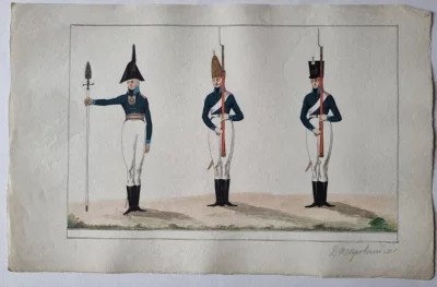 Формы Днепровского мушкетерского полка. Российская империя, начало XIX в. Бумага, акварель, гуашь, бронзовая краска, тушь, перо, 26,5х41,5 см. ФГБУК "Государственный Эрмитаж"