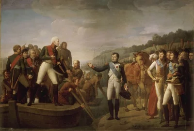 Уже 25 июня 1807 года Наполеон и Александр I вместе с войсками заняли противоположные берега р. Неман, в центре которой расположился специально построенный плот с шикарным павильоном для переговоров. По договорённости, императоры должны были отчалить одновременно, но Наполеон всё равно отплыл чуть раньше. Несмотря на взаимные предубеждения и неприязнь, монархи проявили удивительную любезность и лесть, пытаясь достичь своих целей. Наполеон обоснованно считал себя победителем и стремился уничтожить Пруссию, а Россию сделать младшим союзником Франции на континенте в борьбе с Англией. Александр I же, в свою очередь, хотел максимально сохранить независимость во внешней политике, спасти Пруссию и не допустить возрождения сильной Польши. В результате переговоров Александр согласился участвовать в любом действии, направленном против Англии. Кроме того, он согласился на создание подконтрольного Парижу Герцогства Варшавского под короной саксонского короля взамен небольших территориальных приобретений и обещания не создавать независимую Польшу. Также Наполеон давал Александру карт-бланш на военные действия против Швеции.